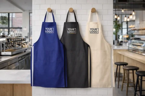 Delantales de cocina personalizados en diferentes colores colgados, algo que funciona muy bien como herramienta de marketing