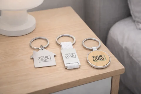 Llaveros personalizados de madera, tela y metal con logo para empresas sobre una mesa de madera