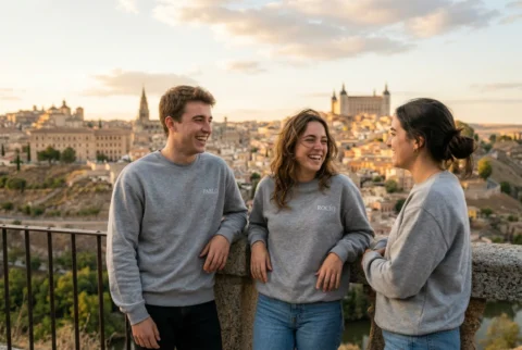 un grupo de tres jóvenes sonriendo con sudaderas personalizadas para grupos