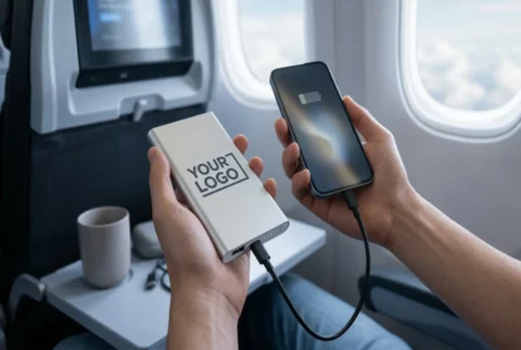 Una persona en un avión cargando el móvil con una power bank o batería externa personalizable con logo para empresas