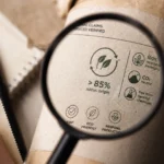 Lupa sobre etiqueta de packaging ecológico de cartón con símbolos sostenibles