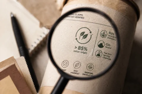 Lupa sobre etiqueta de packaging ecológico de cartón con símbolos sostenibles