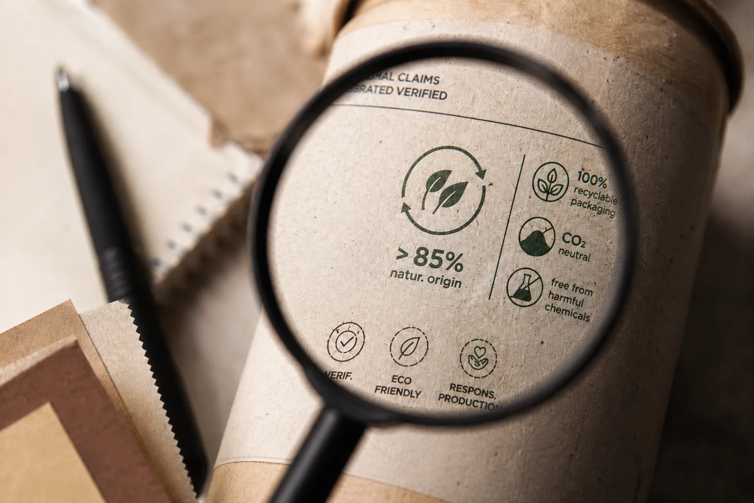 Lupa sobre etiqueta de packaging ecológico de cartón con símbolos sostenibles