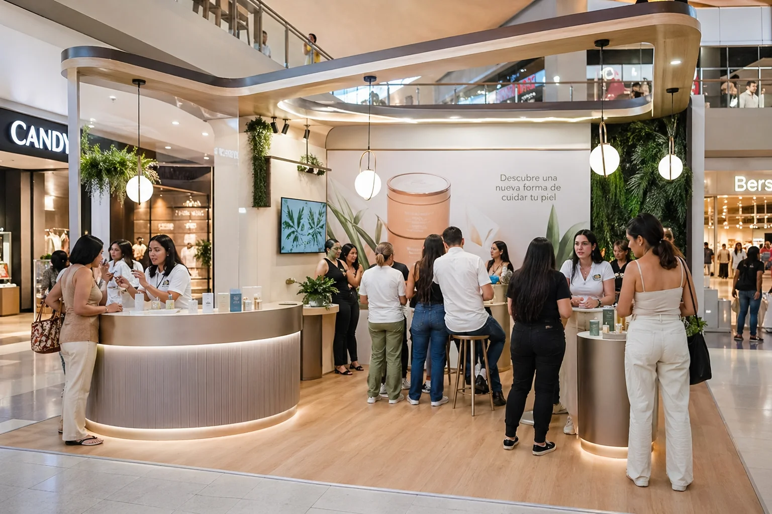 escena de marketing btl en un evento moderno en un centro comercial con un stand elegante con personas