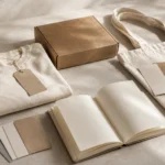 productos con diferentes gramajes sobre una superficie: camiseta, bolsa de tela, caja de cartón, tarjetas de papel y libreta de papel