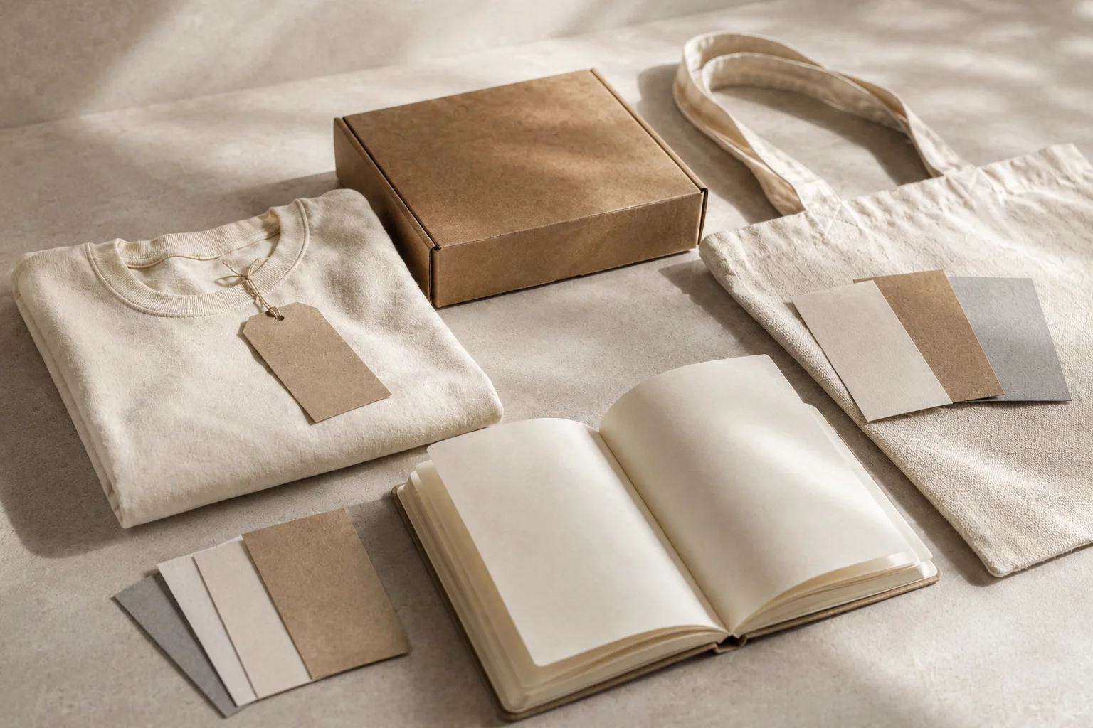productos con diferentes gramajes sobre una superficie: camiseta, bolsa de tela, caja de cartón, tarjetas de papel y libreta de papel
