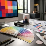 estudio de diseño profesional con una guía de color Pantone abierta, composición de colores CMYK y muestras de impresión