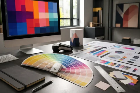 estudio de diseño profesional con una guía de color Pantone abierta, composición de colores CMYK y muestras de impresión